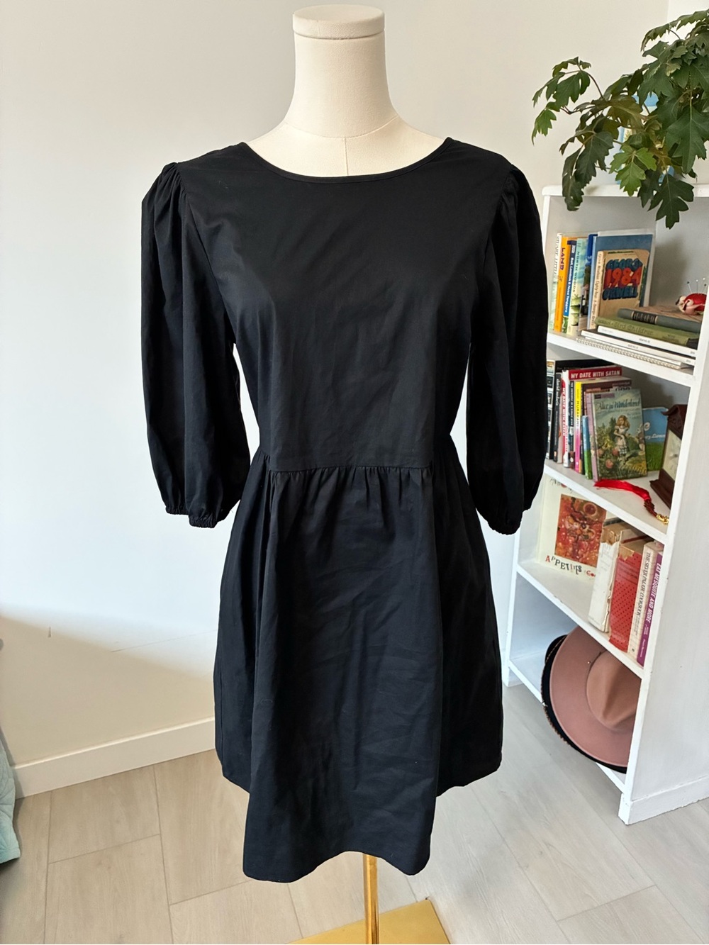 Wayf Black Puff-Sleeve Dress with Lace Up Back and Pockets